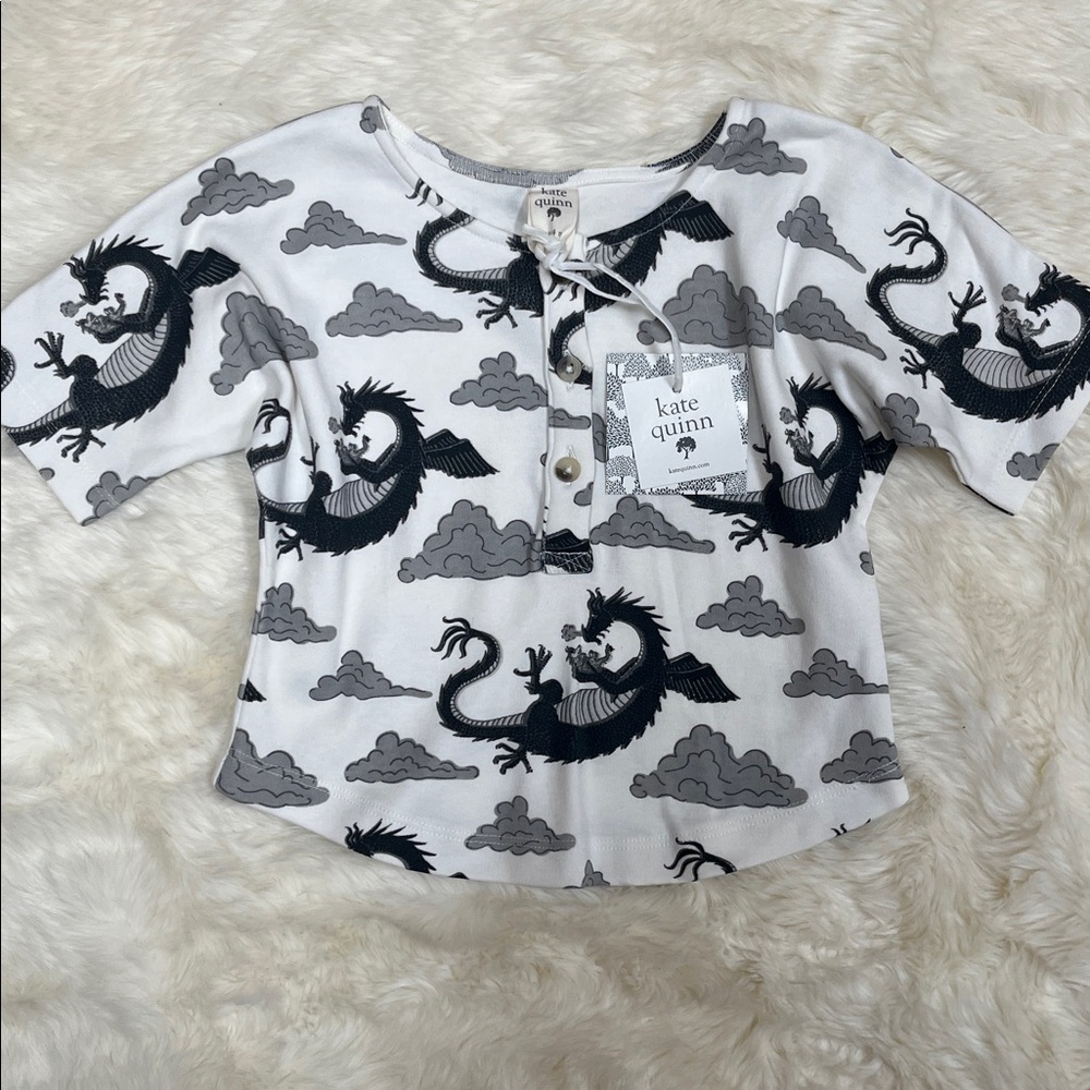 🐉 NWT Kate Quinn Black and White Dragon Henley Boxy Shirt 18-24 Cotton